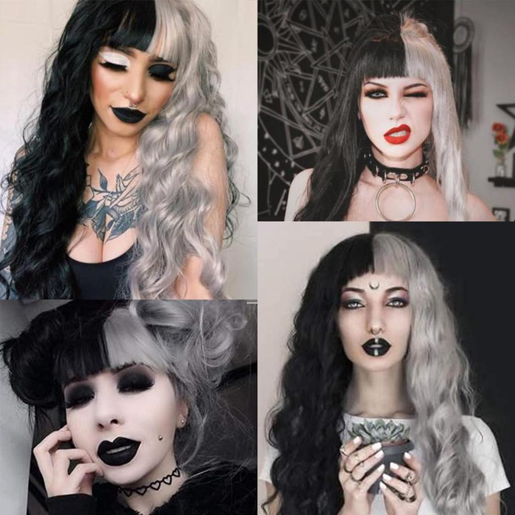 Black And White Spotted Long Curly Hair Synthetic Wig Large Wave Daily Holiday Party Halloween Matching Wig Headgear