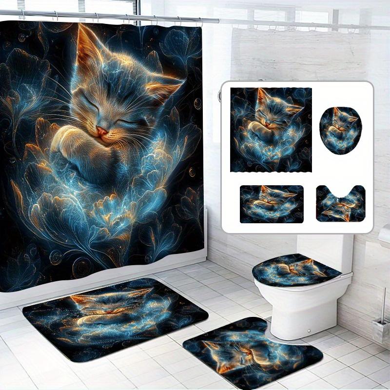 

Open 1/4 Set, Cute Cat Shower Curtain Set, Fantasy Style, With 12 Hooks, Polyester Fabric, Modern Home Bathroom Decor W60H190(CM)-1 Pcs