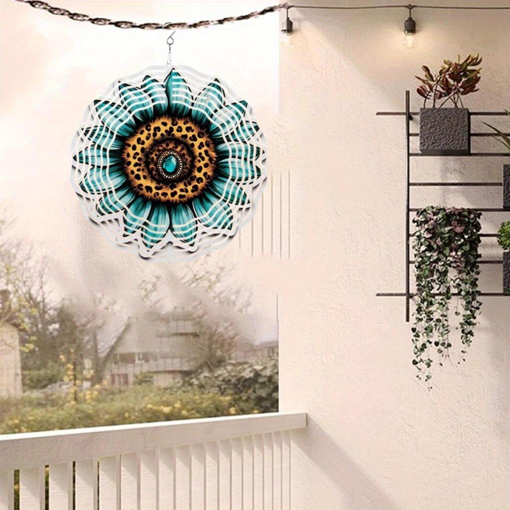 Sunflower Gemstone 3D Metal Wind Spinner Blue Green Golden Stained Glass Hanging Ornament for Garden Home Indoor Outdoor Holiday Gift