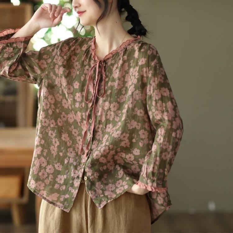 Vintage Chinese Style Floral Print Ramie Blouses Women Long Sleeve Button Tops Fall Shirts