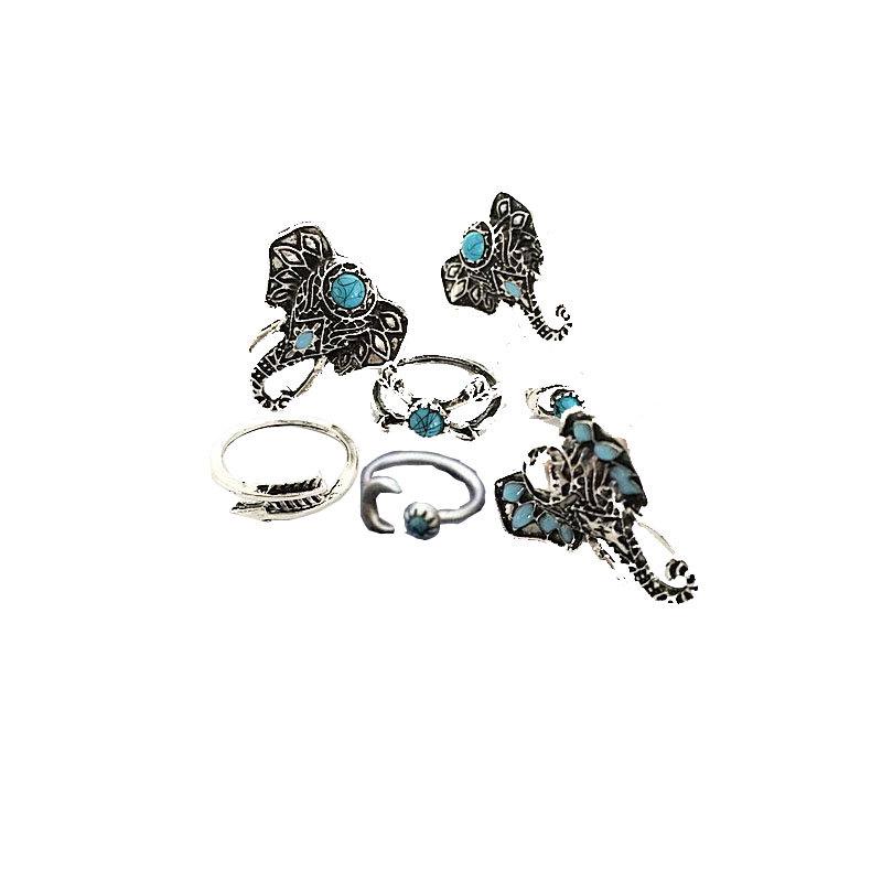 Turquoise Moon Arrow & Elephant 6-Piece Joint Ring Set