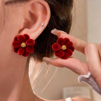 Modische Rote Samt Geometrische Blume Ohrstecker für Damen Ungewöhnliche Ohrringe Vintage Ohrschmuck Hochzeitsfeier Zubehör Geschenke