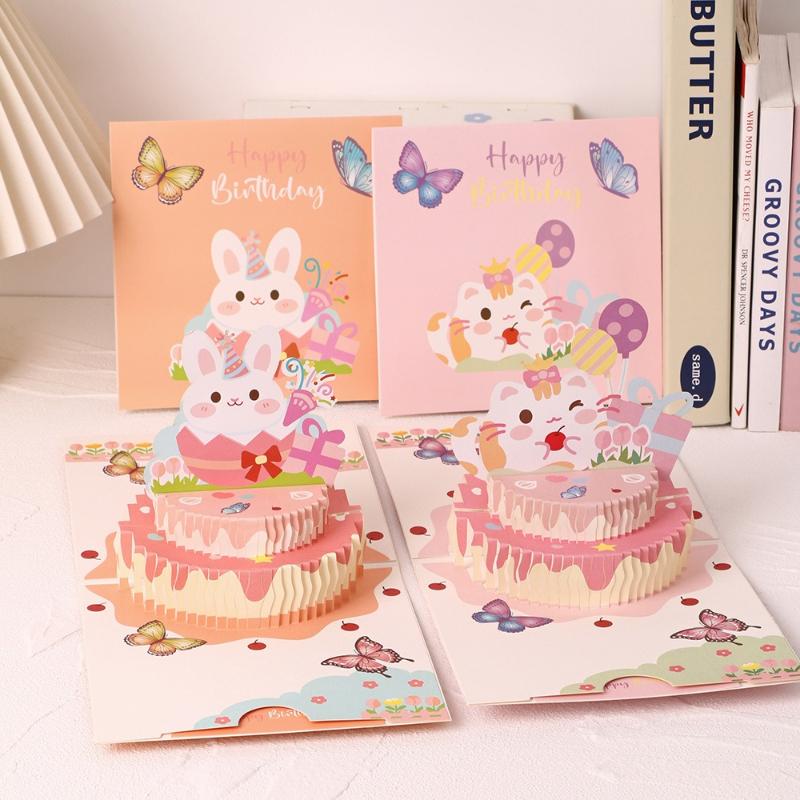 3D Cartoon Cute Rabbit Birthday Cake Greeting Card Classmate Birthday Gift Holiday Blessing Wholesale Office School Supplies