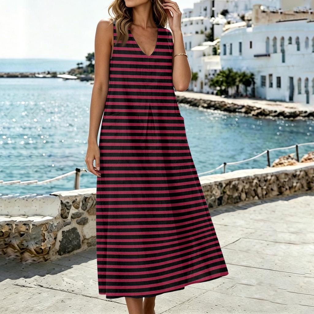 Fashionable Women's U-neck Sleeveless Pocket Slit Vest Cotton Linen Dress