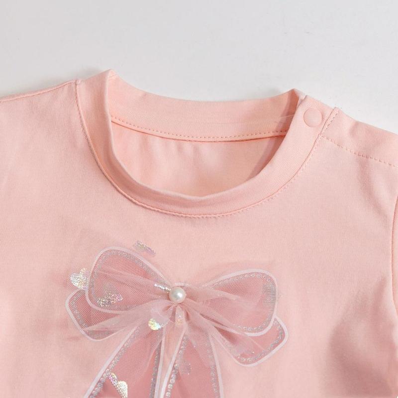 Girls Summer Thin Short Sleeved Candy Colored Simple Cotton Mesh Bow Children's Short Sleeved Sweet T-shirts Baby Princess Tops
