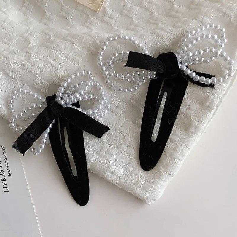 Retro Velvet Hair Clips For Women Vintage Imitation Pearl Bow Hairpins Side Clip Girls Black Barrettes Hair Accessories Headwear