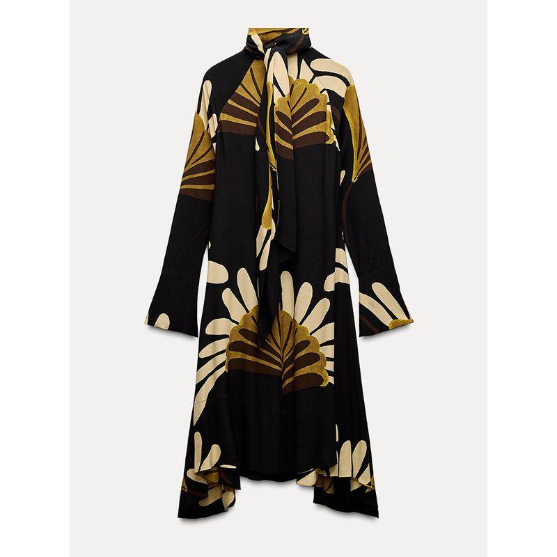 Za2025 Spring New Women's Clothing Casual Loose Temperament Printed Asymmetric Draped Collar Dress 0017658