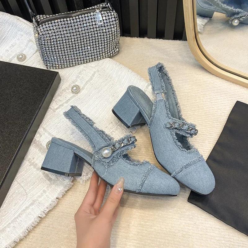 Fashion 2024 Women Summer 7cm High Heels Shoes Sandals Lady Bling Mules Slingback Silver Pumps Female Denim Sandals Bridal Quality Shoes