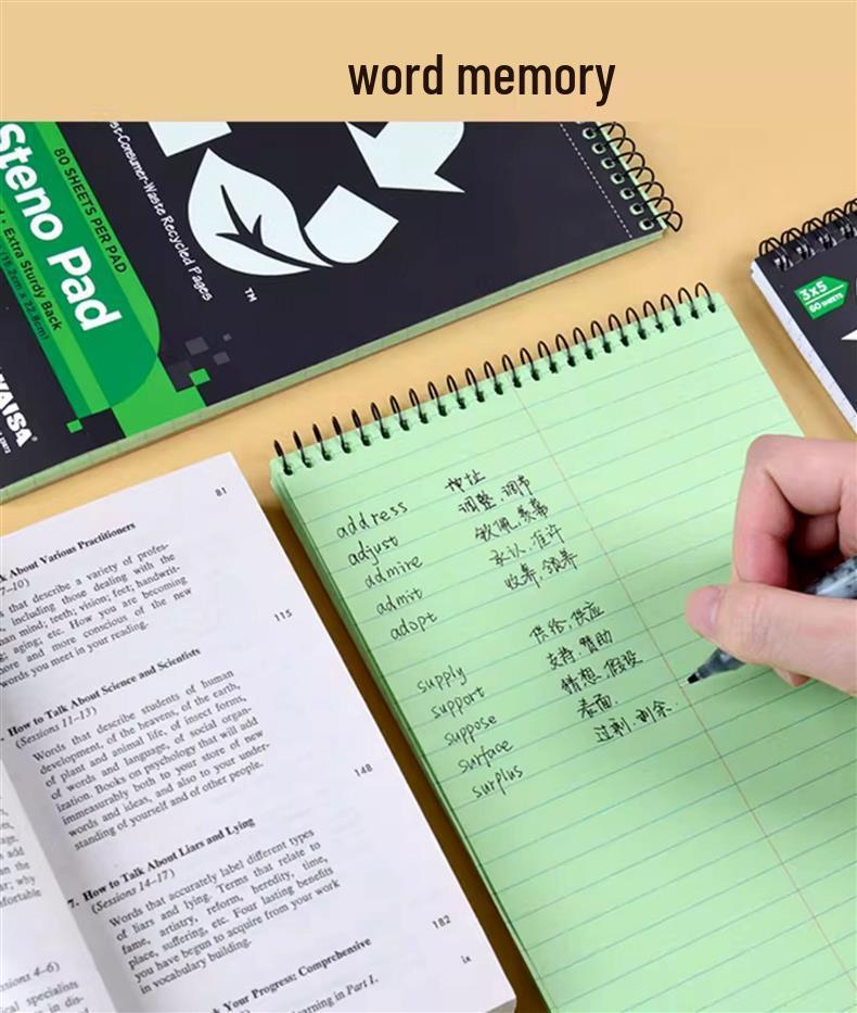 Kaisa Steno Pad: A5 Speed Writing Notebook with Green Inner Pages, 80 Sheets, Symmetrical Columns, Easy-Tear, Wide Line Spacing.