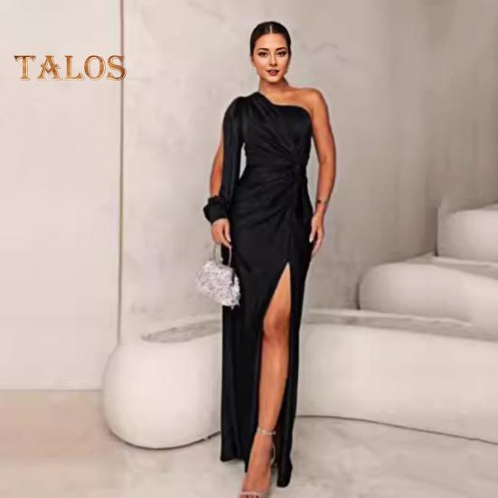 Lady Evening Dress One Shoulder Sleeveless Split Hem Solid Color Slim Waist Pleated Solid Color Off Shoulder Prom Cocktail Party Maxi Dress Ball Gown