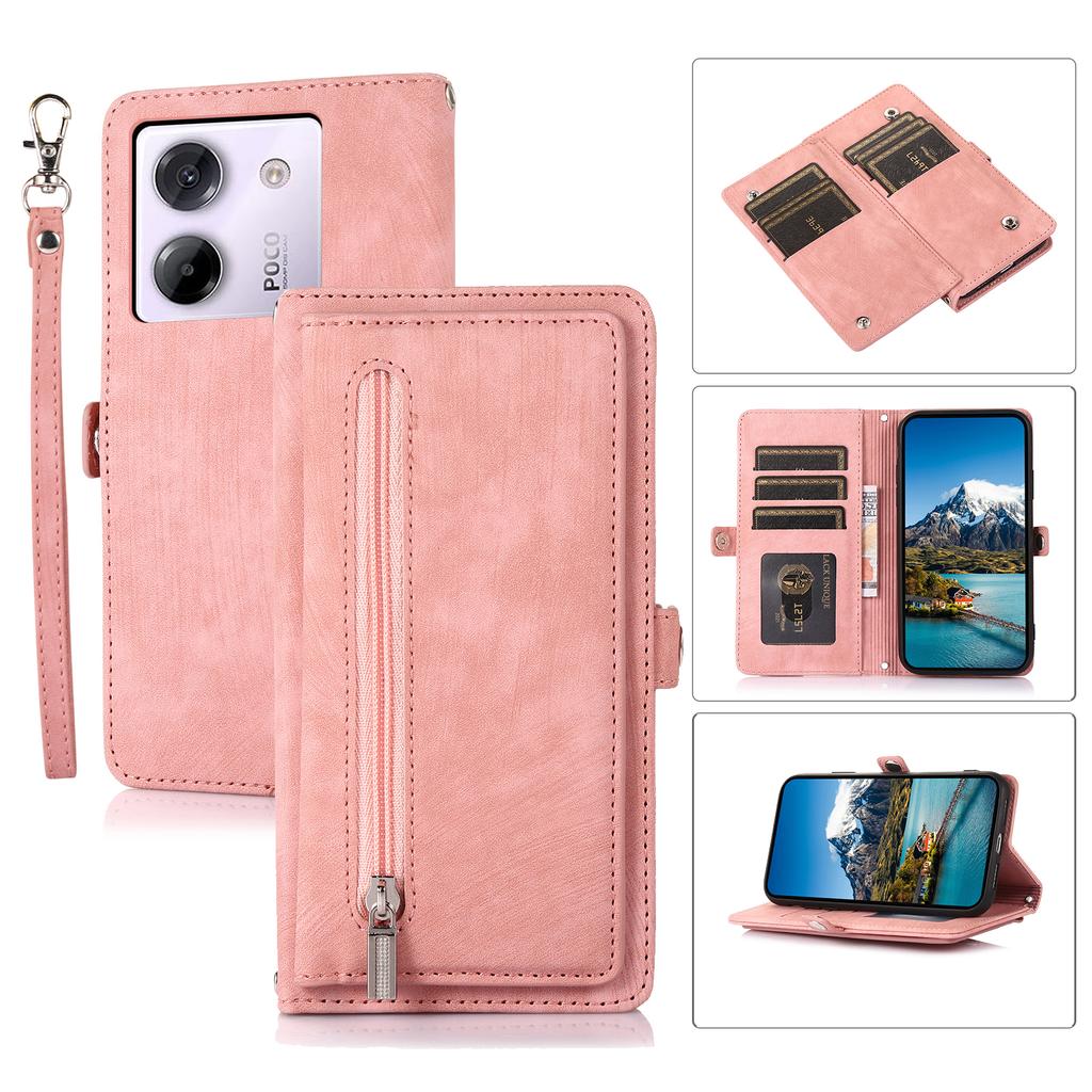 For Xiaomi Poco M7 Pro 5G Etui Glidelåslomme 9 Kortlommer PU Lær Telefondeksel med Håndleddsstropp