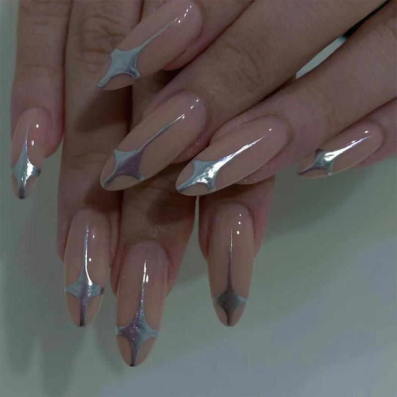 Nail Art Wear Nail Medium and Long Simple Nude Silver Starlight Nail Art Patch Wear Nail Art Finished Product