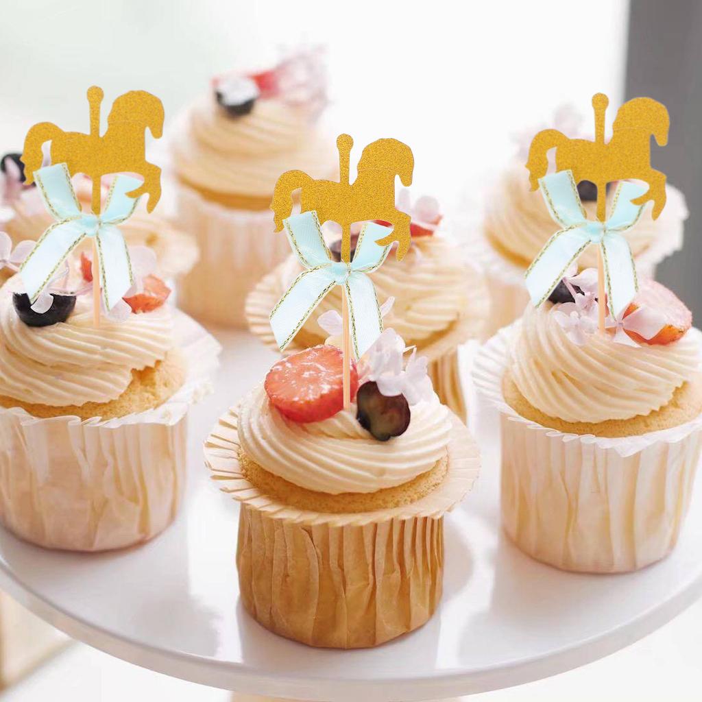 20Pcs Carousel Shape Cake Fruit Picks Cupcake Decoration Birthday Festival Dessert Toppers Party Supplies Blue Bowknot