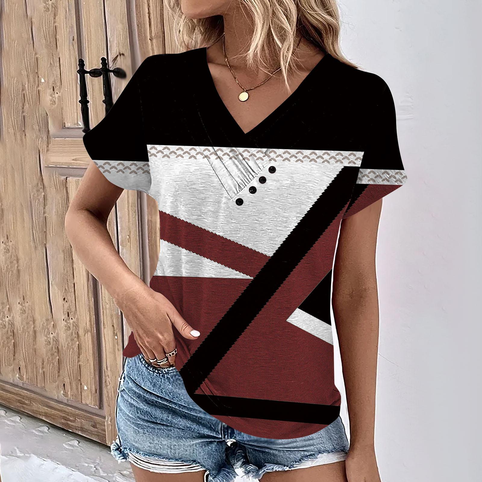 

Літні жіночі топи Квітковий візерунок для жінок Зручні жіночі футболки з V-подібним вирізом і короткими рукавами XL винний