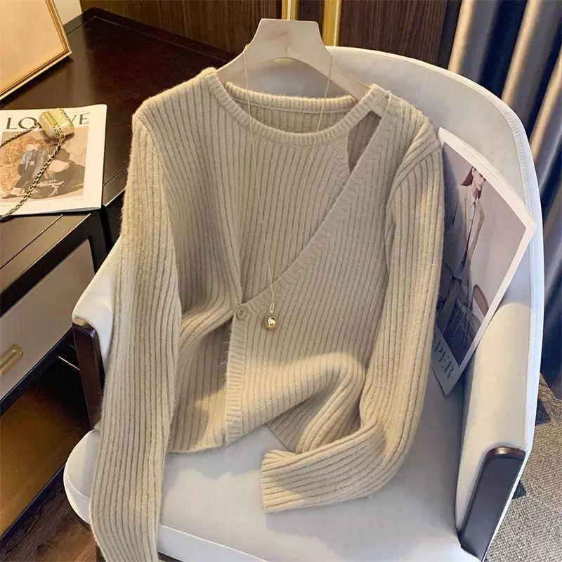 

round Neck Button Cross Knit Sweater round Neck Button Cross Knitwear Sweater Khaki M