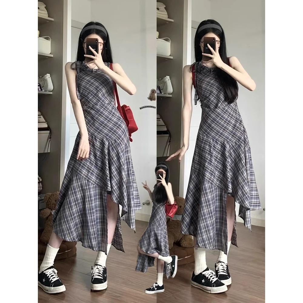 Sommer Karo Hals ärmelloses Westenkleid Kinder neu lässig klein hochwertig unregelmäßiges langes Kleid