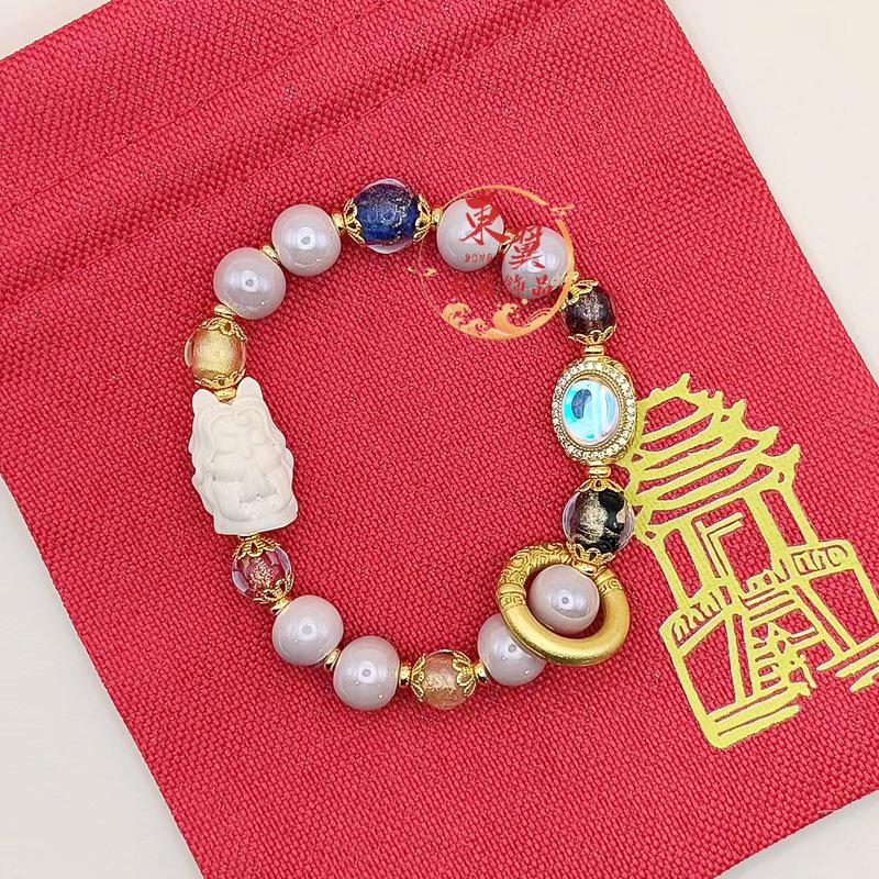 Nanputuo Nine-Tailed Fox Bracelet - Gray-Pink Ceramic Beads with Incense Ash Glaze and Gold Foil