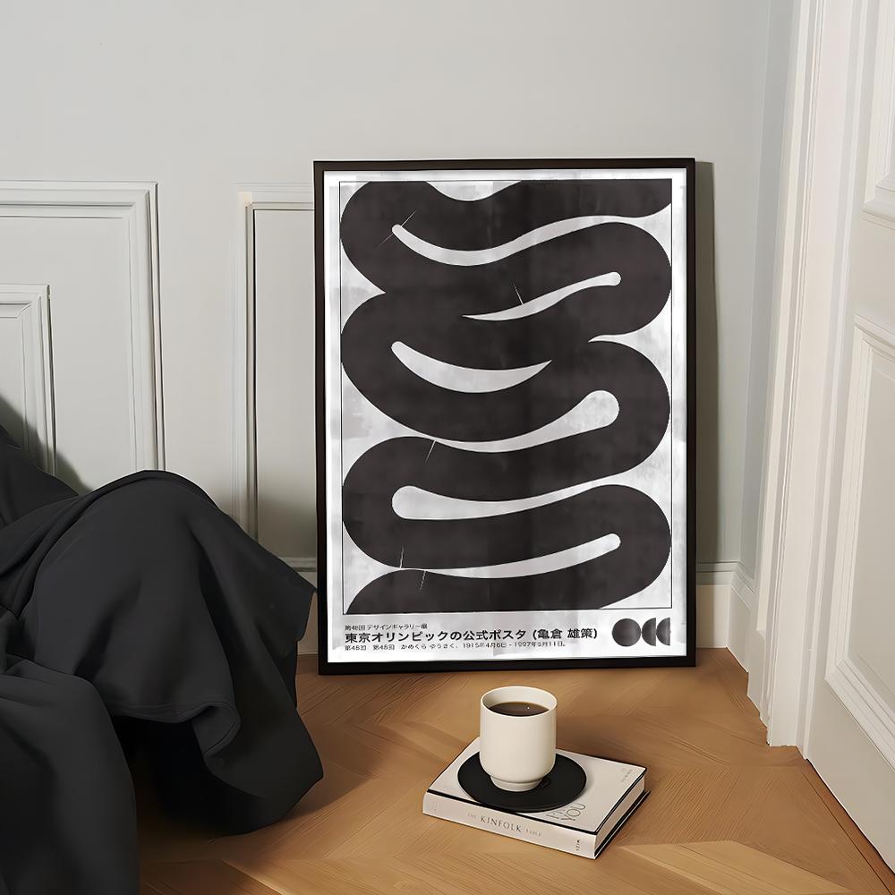 Vintage Japanese Abstract Wall Art Print Poster Black Waves Cat Koi Canvas Painting for Living Room Home Decor Poster-unframed