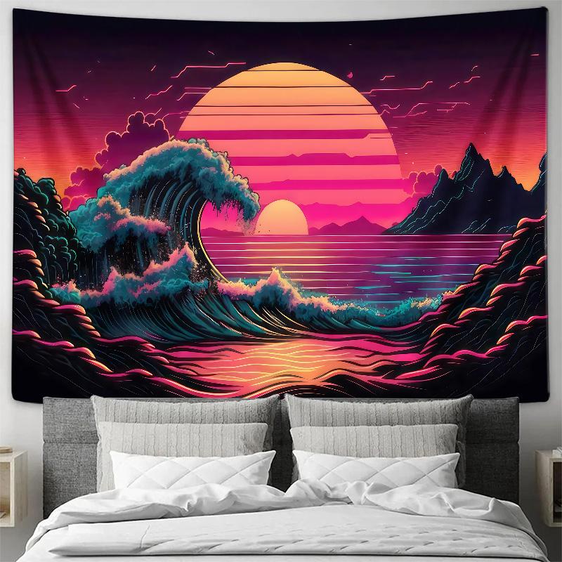 Retro Wave Sunset Ocean Landscape Wall Tapestry Machine Washable All Season Decor Art Print Synthwave Design Home Quick Setup