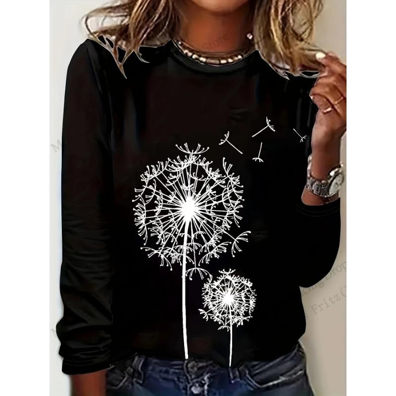 Floral Dandelion 3D Print Round Neck Long Sleeve T-shirts Fashion Casual Vintage Tops