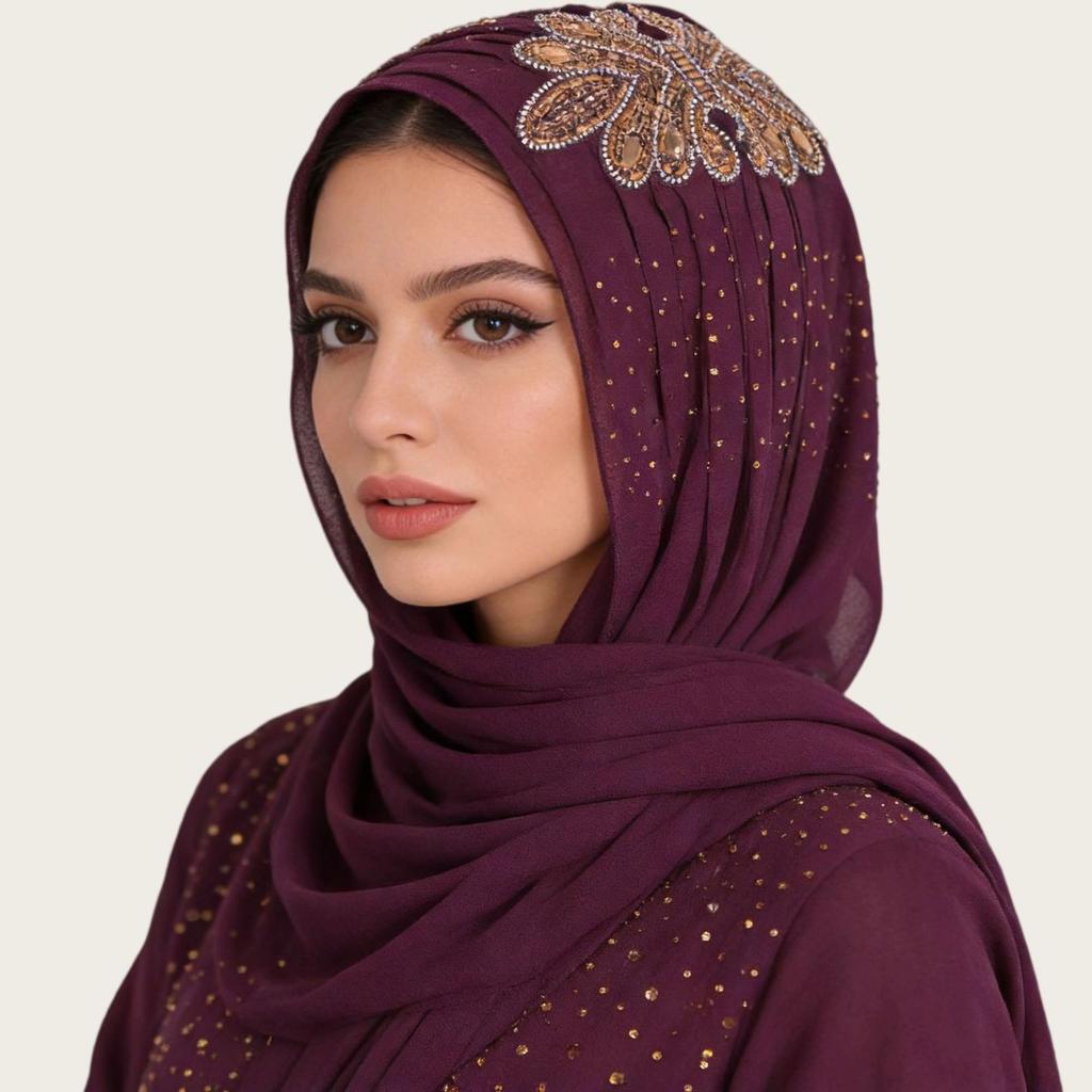 Luxury Rhinestone Chiffon Hijab Scarf Women Muslim Crystal Diamond Headscarf White Wedding Shawl Embroidered Beaded Turban Wrap