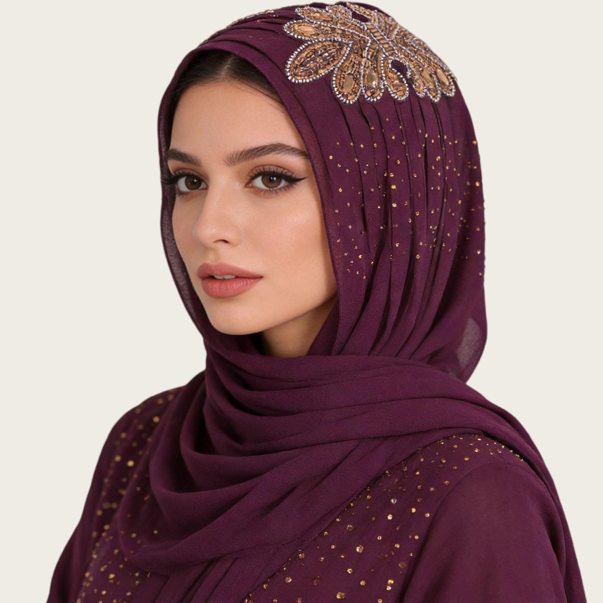 

Luxury Rhinestone Chiffon Hijab Scarf Women Muslim Crystal Diamond Headscarf White Wedding Shawl Embroidered Beaded Turban Wrap