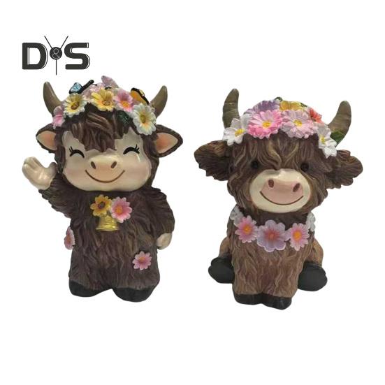 

2 шт. украшения в виде коровы-карлика хайленд коричневая отделка фигурка коровы с розовыми цветами книжная полка камин домашний декор 2pcs