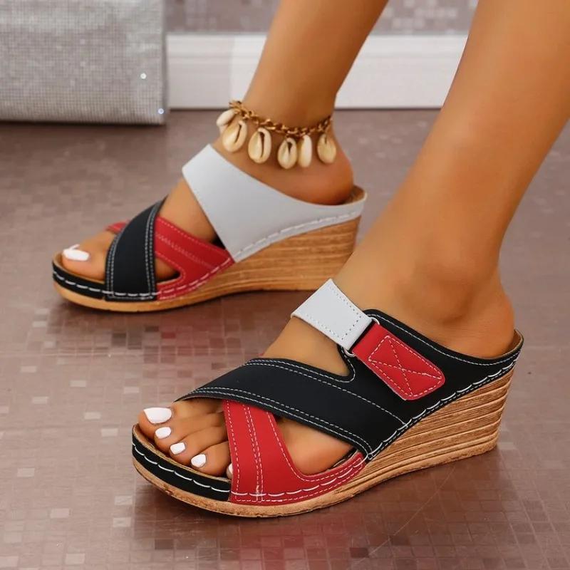 Fashion Ladies Shoes 2025 Peep Toe Slippers Women Fashion Color Matching Casual Summer Footwear Plus Size Women's Platform Wedge Sandals
