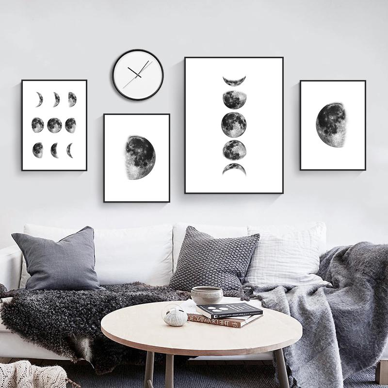 

Черно-белая луна, холст, картина, скандинавская Луна, настенные художественные постеры и принты, изображение фаз луны, скандинавский домашний декор HD3121