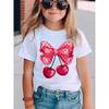 European Sizes Summer Fashion Girls' Short Sleeve T-Shirt with Bow And Cherry Pattern Print, Casual All-Match Top