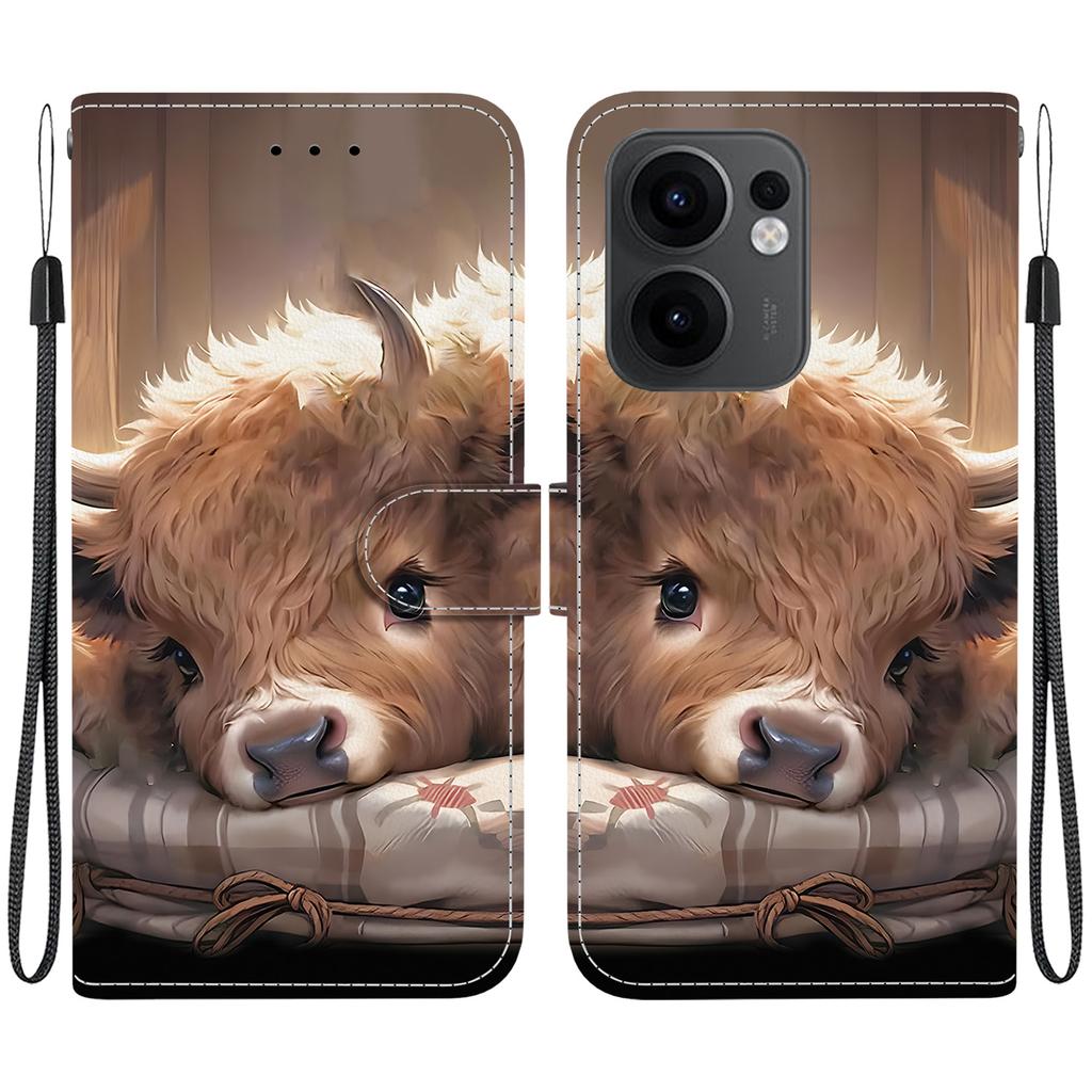Handmade PU Leather Flip Case for Oppo Reno13 F/Reno13 F 4G Anti-Slip Shockproof Cover with Wrist Strap & Heart/Rose Cat Designs