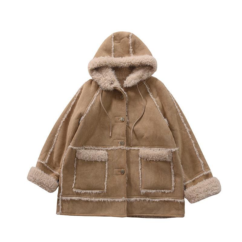 Winter New Hooded Fur Integrated Suede Jacket Imitation Lamb Wool Casual Thin Coat