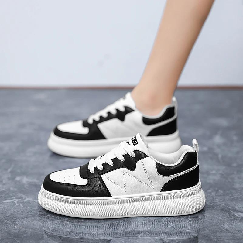 Fashion Casual PU Leather Breathable Lace Up Sports Shoes for Women Fashionable Lightweight Anti Slip Walking Shoes Thick Soled Shoes