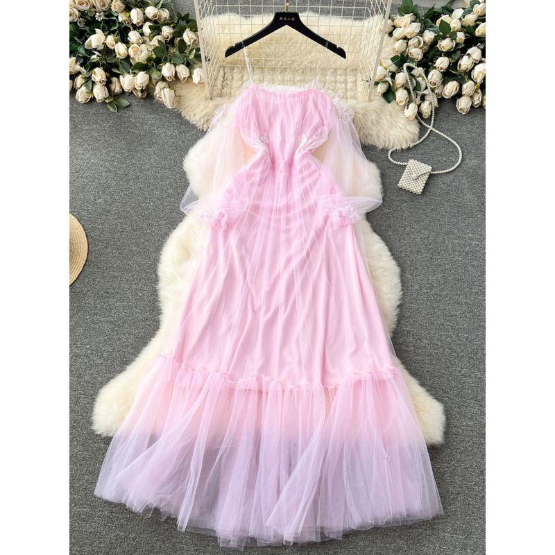 Court Style Dress Classy Light Luxury Minority Embroider Tight Waist Long Slimming Mesh Fairy Dress Sling Dress Women