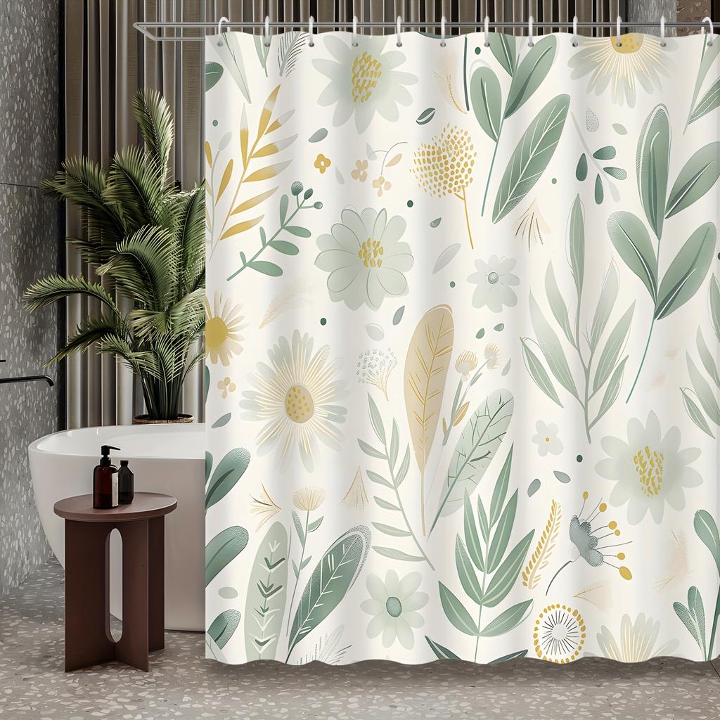 1 Piece Small Fresh Green Flower Farmhouse Watercolor Pastoral Natural Decoration with Hook Shower Curtain Polyester Fabric