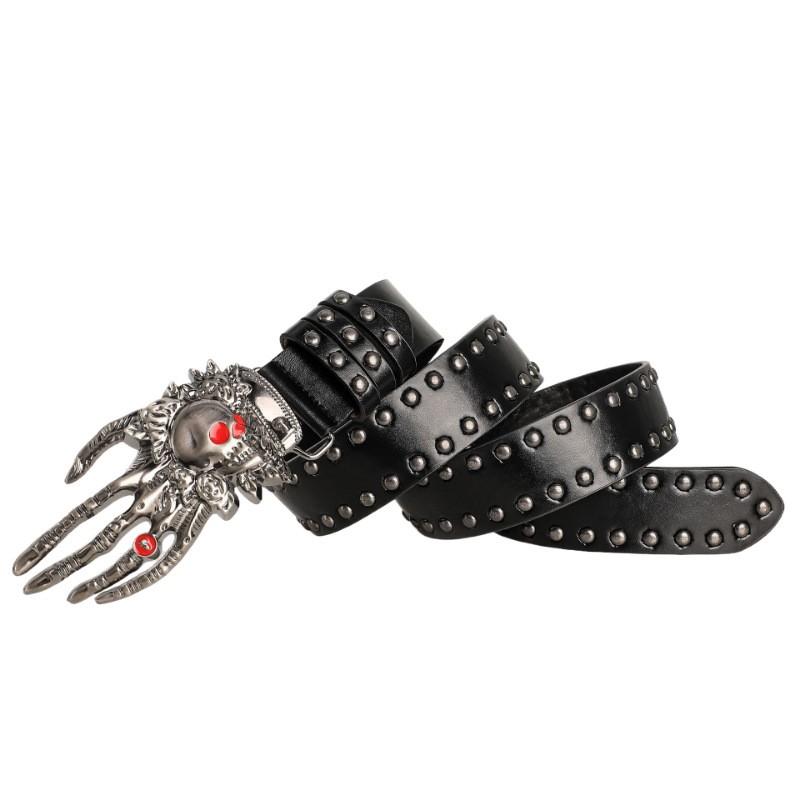 Women's and Men's Punk Skull Belt Harajuku Gothic Y2K Rivets Skeleton Hand Buckle PU Leather Belts Fashion Halloween Accessories