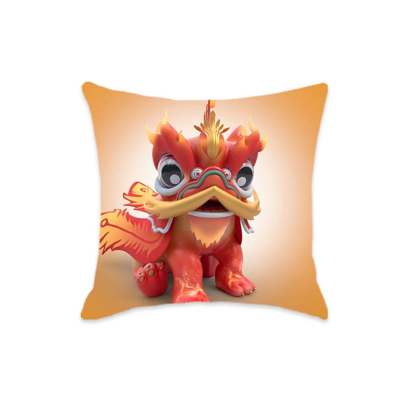 New Chinese Style Mythical Beast Lion Pillowcase - Festive Cartoon Home Decor Cushion for Sofa and Bed.