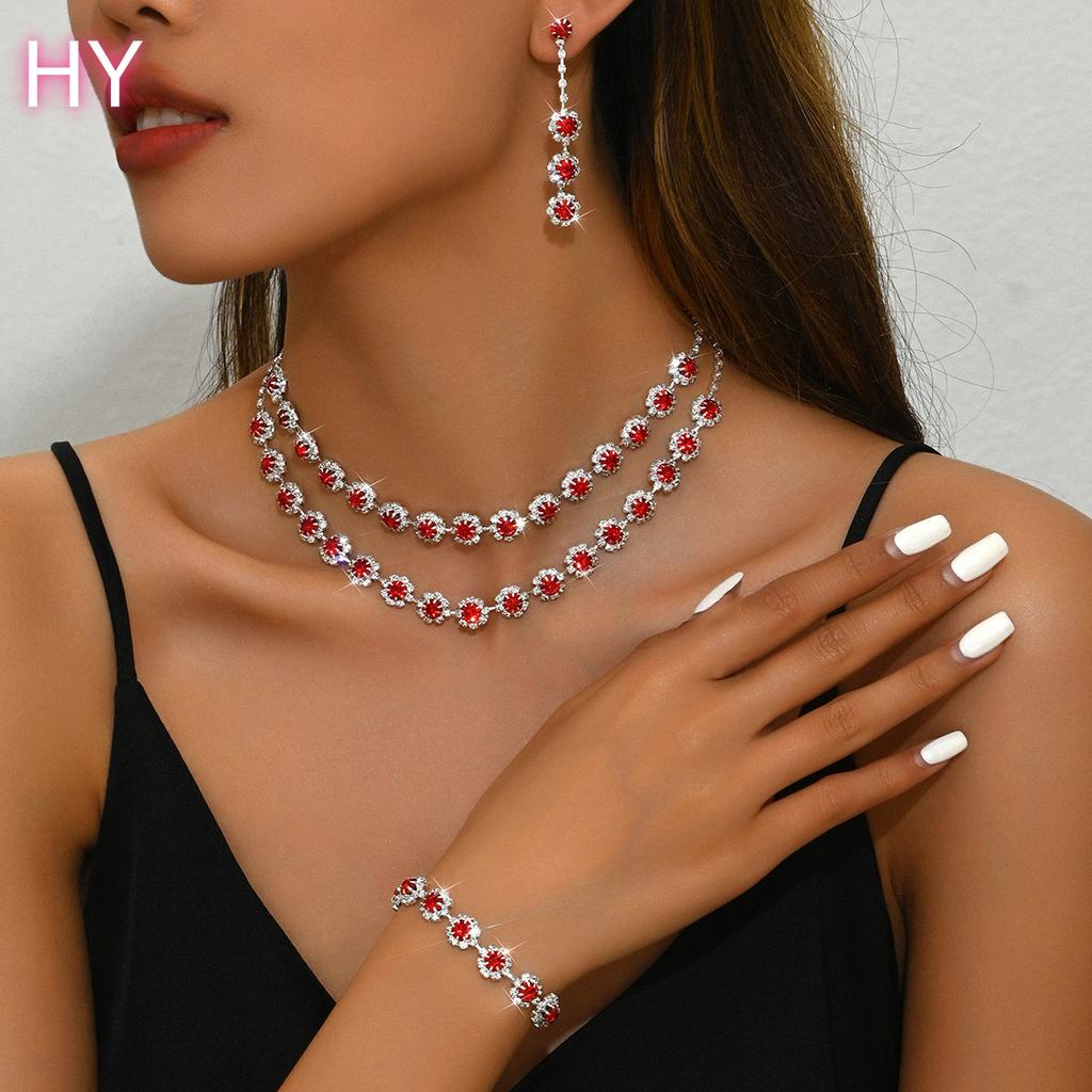 HY Women's 3 Piece Luxury Set Fashionable Shiny Rhinestone Necklace Earrings Bracelet for Anniversaries Party Gift