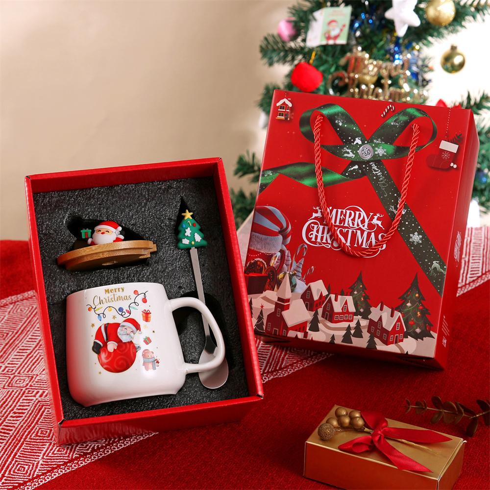Festliches Weihnachten Xmas Thema Keramikbecher Tasse Set mit Deckel und Löffel - 2025 Weihnachtsgeschenkbox Tasse für Kaffee Milch Tee Frühstück