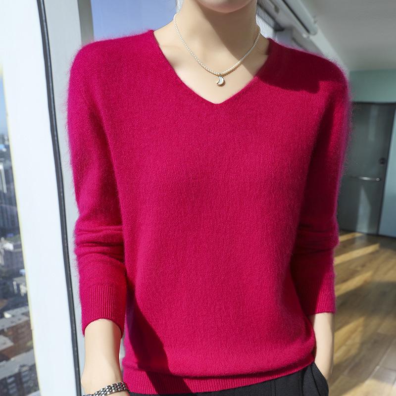 New Seamless Mink Velvet V-Neck Cashmere Sweater for Women - Loose Fit, Solid Color, Short Pullover Knitwear for Autumn and Winter