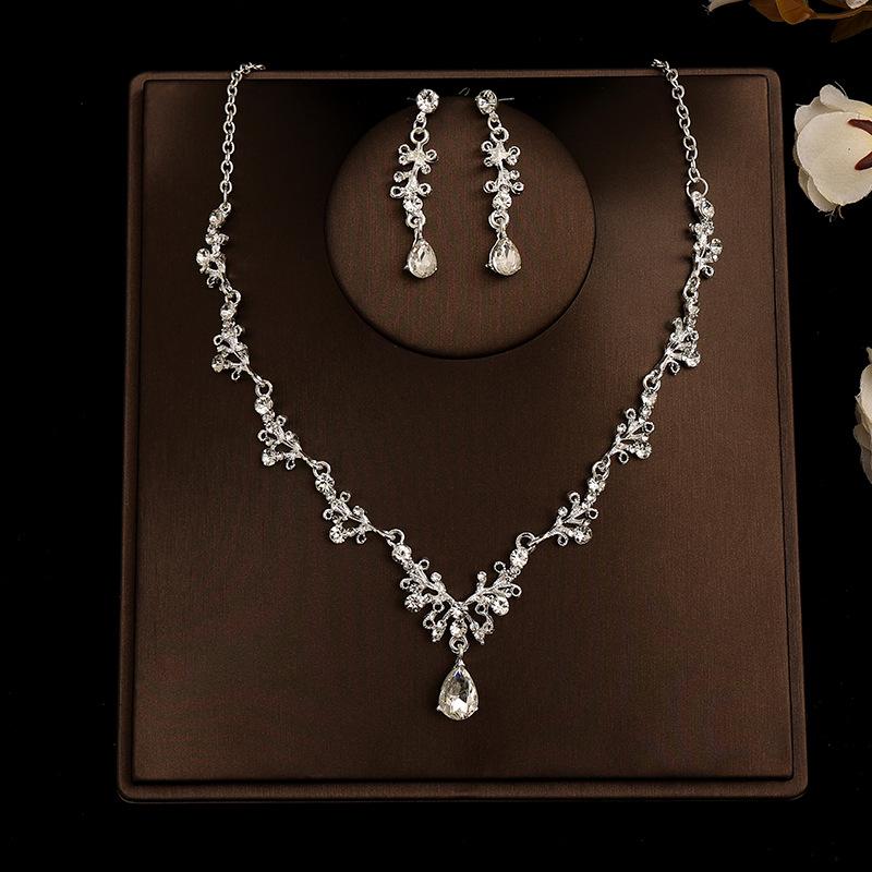 Korean Bridal Necklace & Earrings Set - Rhinestone & Pearl Wedding Accessories