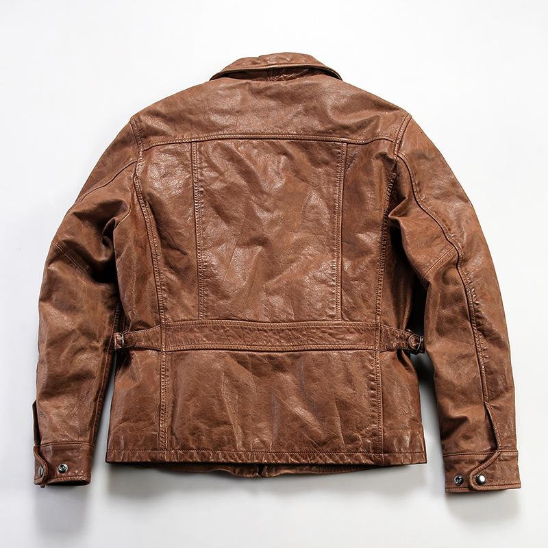Jacky Cheung Men's Waxed Goatskin Leather Jacket with Lapel