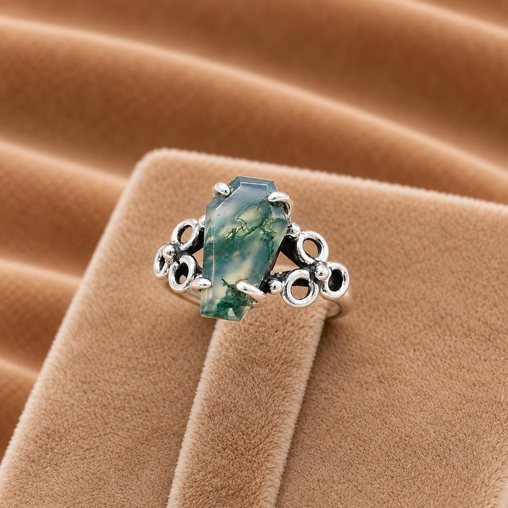 Moosachat Sarg Statement Ring, 925 Sterling Silber Ring, Handgefertigter Schmuck für Damen
