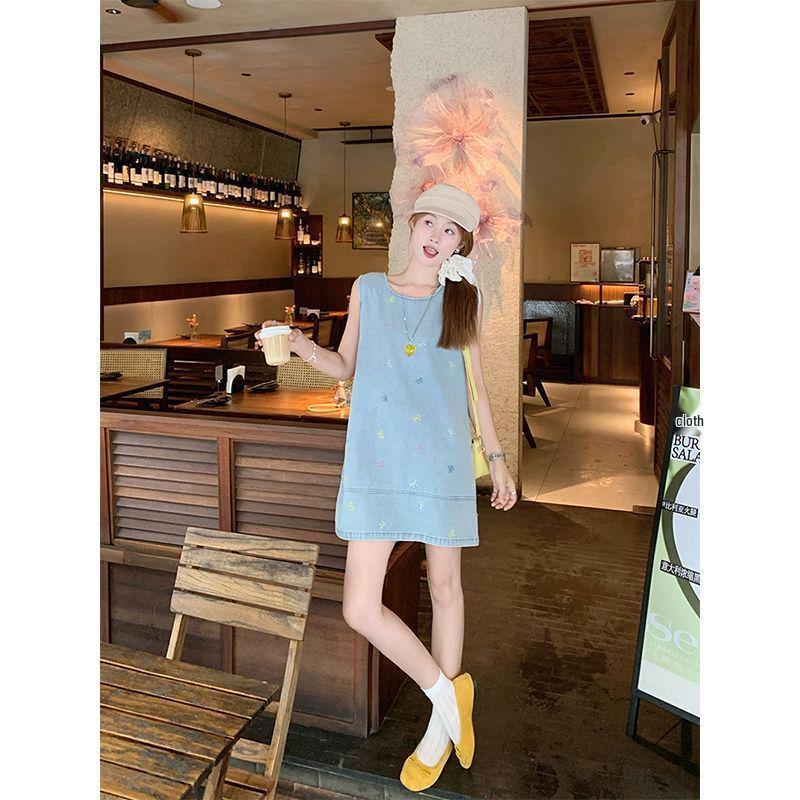 Korean Bow Embroidered Denim Sleeveless Summer Dress for Women S