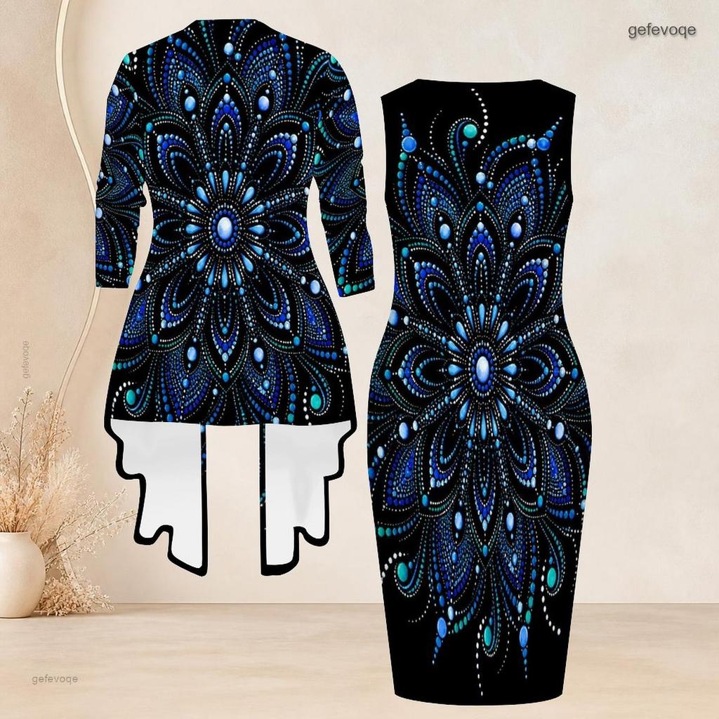 Women Plus Size Black Blue Printed Two Piece Set Long Sleeve Cardigan Sleeveless Bodycon Dress