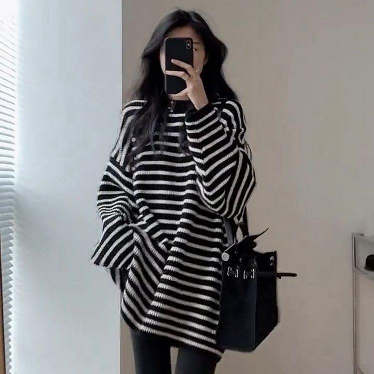 Korean Style Black & White Striped Soft Mid-Length Sweater, Autumn/Winter 2025 3XL (140-150 jin) чёрный