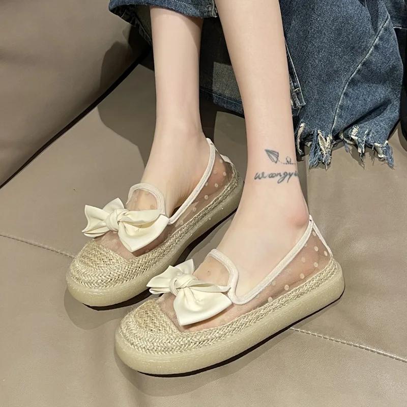 Women's Thick Sole Single Shoes Large Size 36-43 Grid Casual Women's Sneakers Mesh Breathable Polka Dot Fisherman's Shoes
