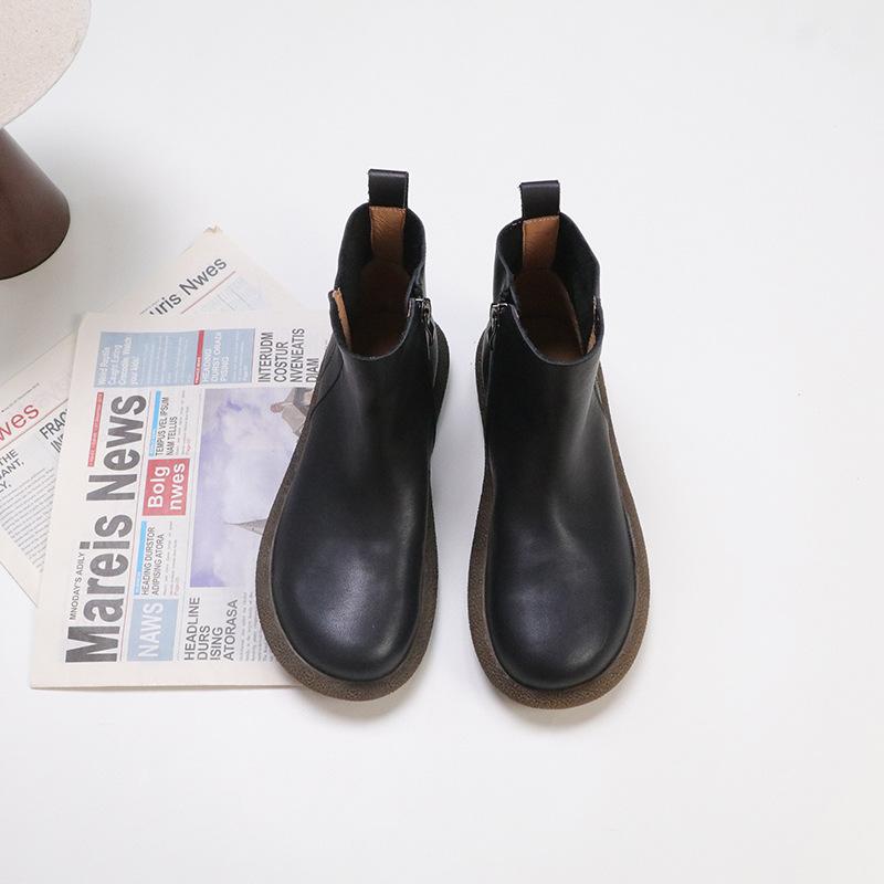 Johnature Genuine Leather Women's Short Boots Retro Side Zipper Round Toe Flat Chelsea Boots