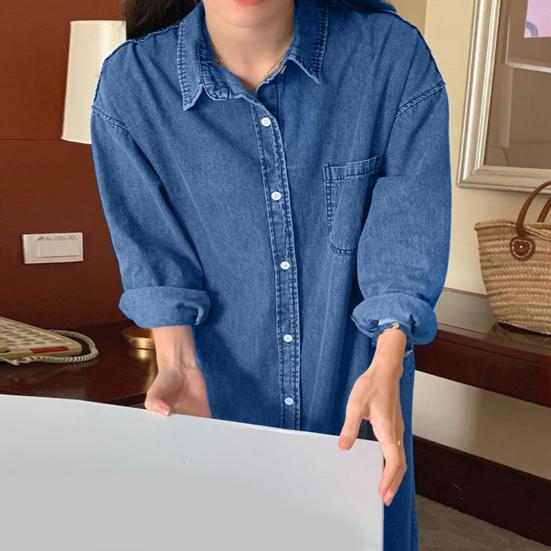 Women's Denim Shirt Dress Roll Up Long Sleeve Button Down Maxi Dress