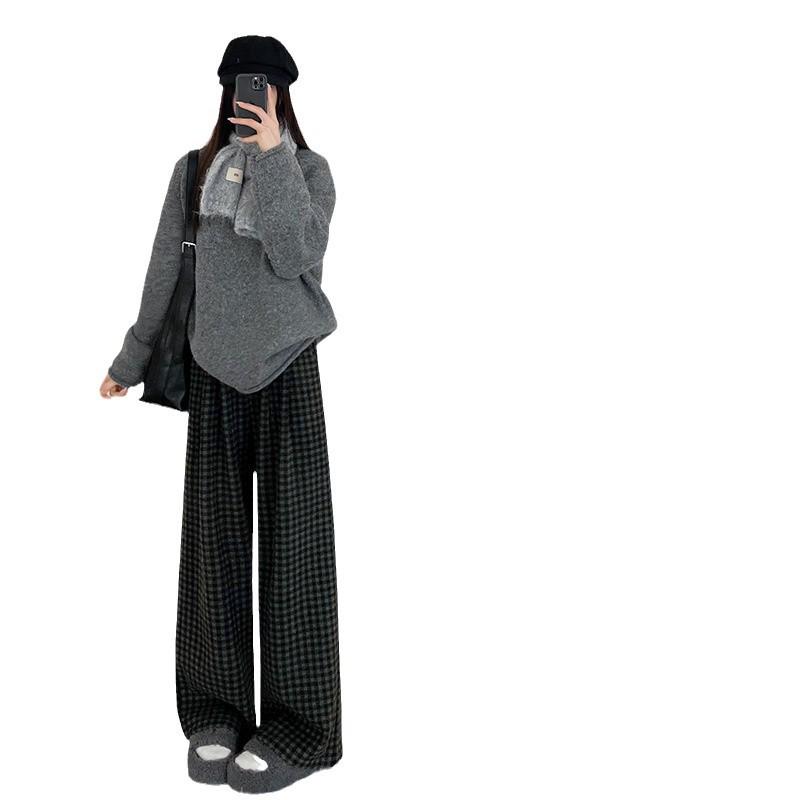 Korean Retro High Waist Plaid Wool-Blend Fleece Lined Wide-Leg Pants XS
